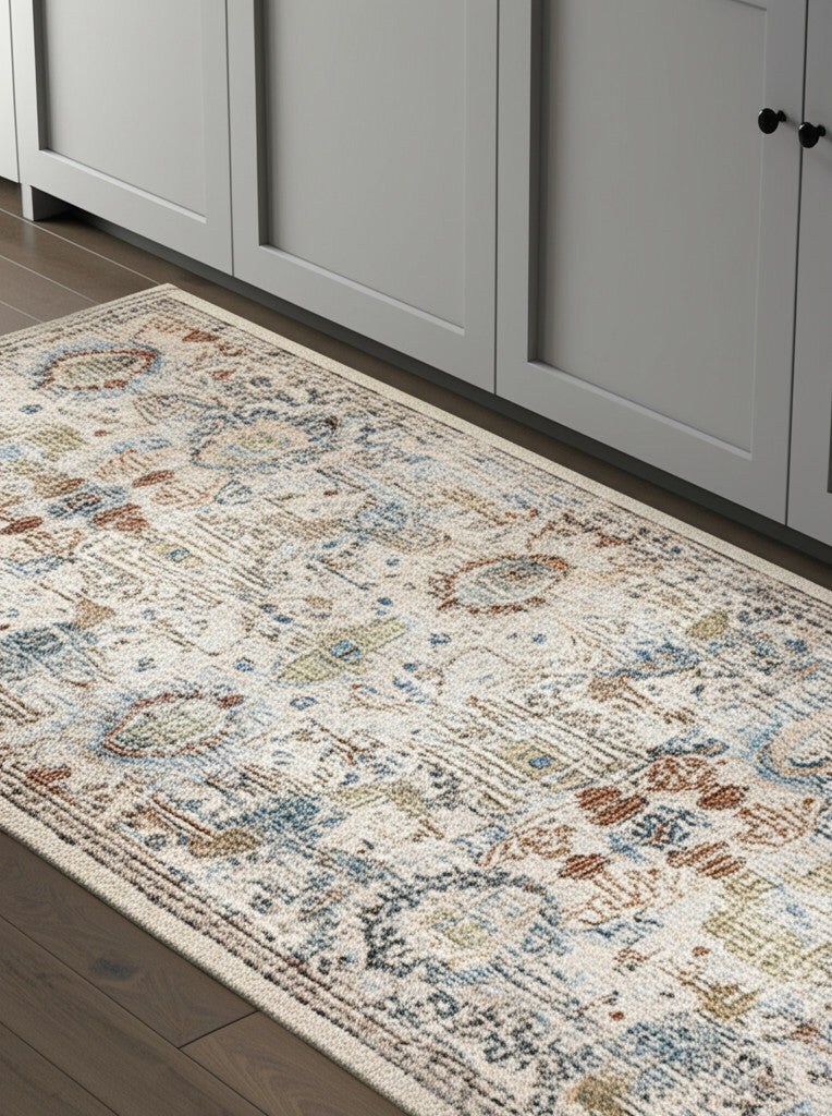 Homeroots 8' Stain Resistant Tan Blue And Red Floral Runner Rug - Durable, Stylish Accent For Any Space! Tan,Blue,Red Polypropylene Blend 617128