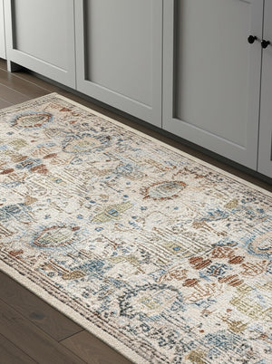 Homeroots 8' Stain Resistant Tan Blue And Red Floral Runner Rug - Durable, Stylish Accent For Any Space! Tan,Blue,Red Polypropylene Blend 617128