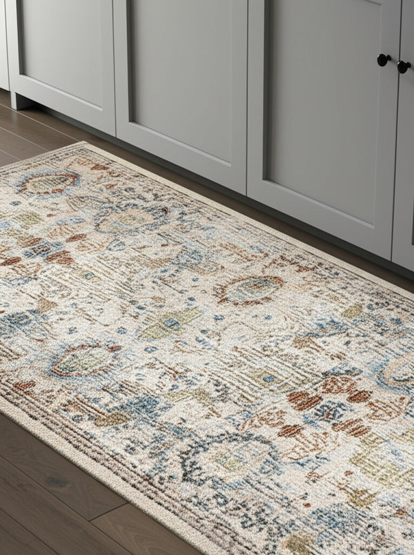 Homeroots 8' Stain Resistant Tan Blue And Red Floral Runner Rug - Durable, Stylish Accent For Any Space! Tan,Blue,Red Polypropylene Blend 617128