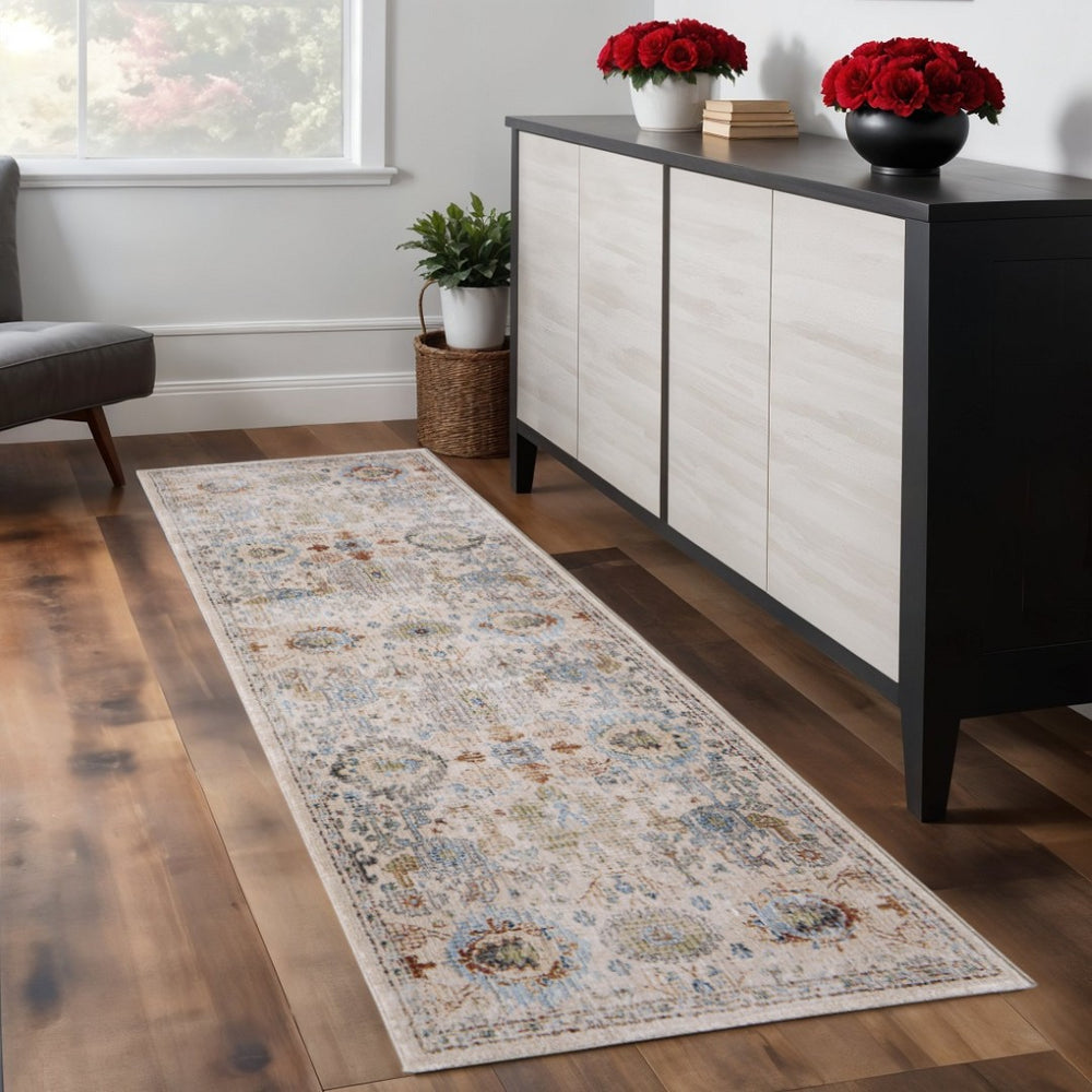 HomeRoots 8' Ivory Red and Blue Floral Runner Rug - Timeless Persian Style for Hallways and High-Traffic Areas 617128
