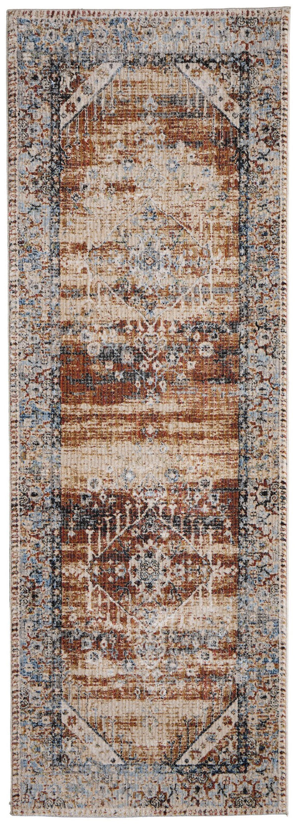 Homeroots 8' Abstract Distressed Runner Rug – Durable, Stain-resistant Design For Hallways And High-traffic Areas Ivory,Red,Blue Polypropylene Blend 617129