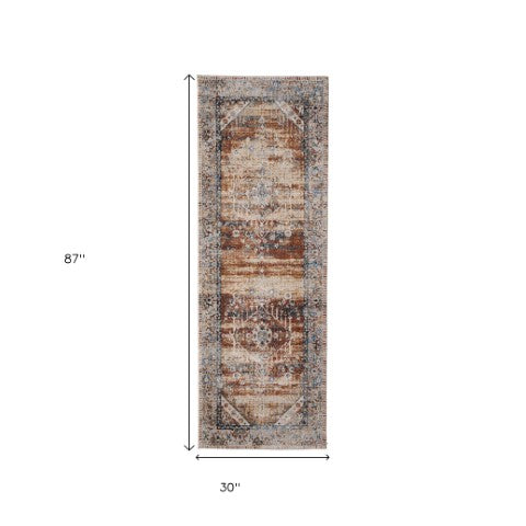 Homeroots 8' Abstract Distressed Runner Rug – Durable, Stain-resistant Design For Hallways And High-traffic Areas Ivory,Red,Blue Polypropylene Blend 617129