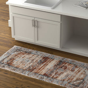 Homeroots 8' Abstract Distressed Runner Rug – Durable, Stain-resistant Design For Hallways And High-traffic Areas Ivory,Red,Blue Polypropylene Blend 617129