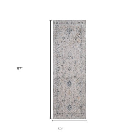 Homeroots 8' Floral Distressed Runner Rug With Fringe - Stylish, Stain-resistant Accent For Any Space Ivory,Taupe,Blue Polyester Blend 617132
