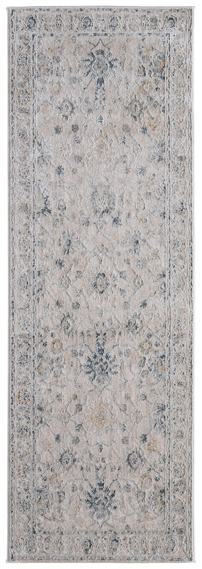 HomeRoots 8' Ivory, Taupe & Blue Floral Distressed Runner Rug - Soft, Stain-Resistant, Ideal for High-Traffic Areas 617132