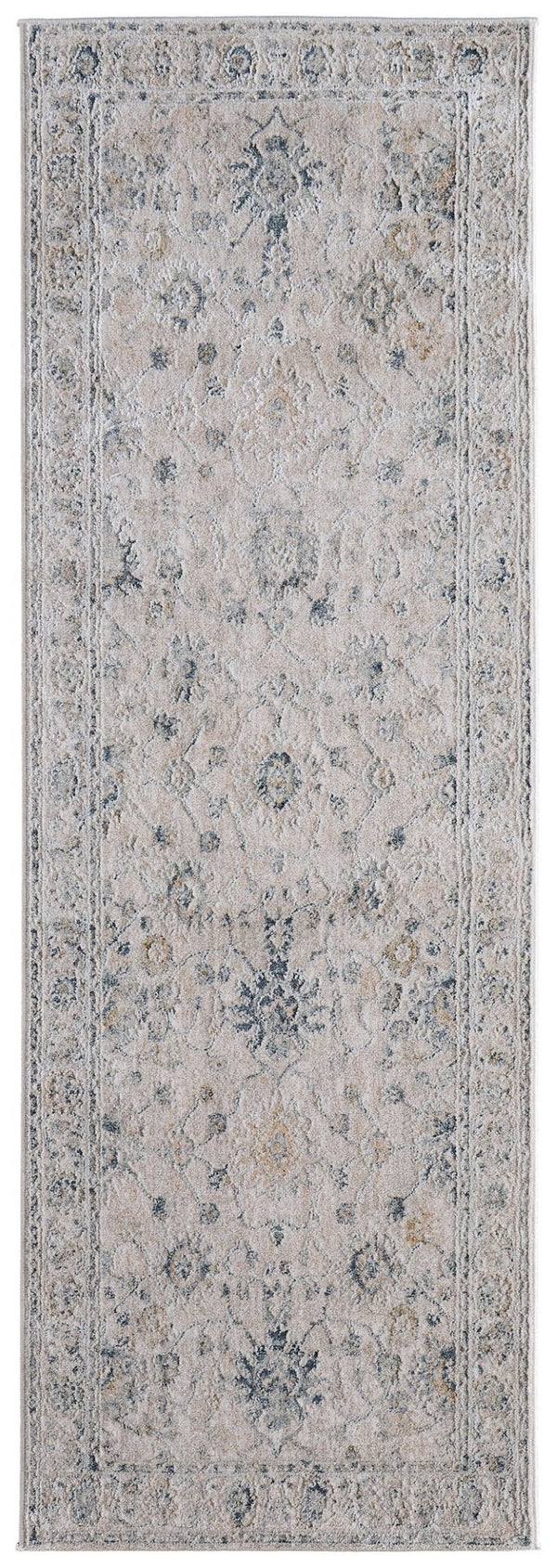 HomeRoots 8' Ivory, Taupe & Blue Floral Distressed Runner Rug - Soft, Stain-Resistant, Ideal for High-Traffic Areas 617132