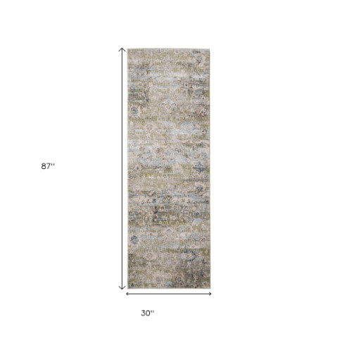 Homeroots 8' Green Floral Runner Rug - Stain Resistant, Durable Polypropylene For Hallways & Home Decor Green,Ivory,Blue Polypropylene Blend 617133