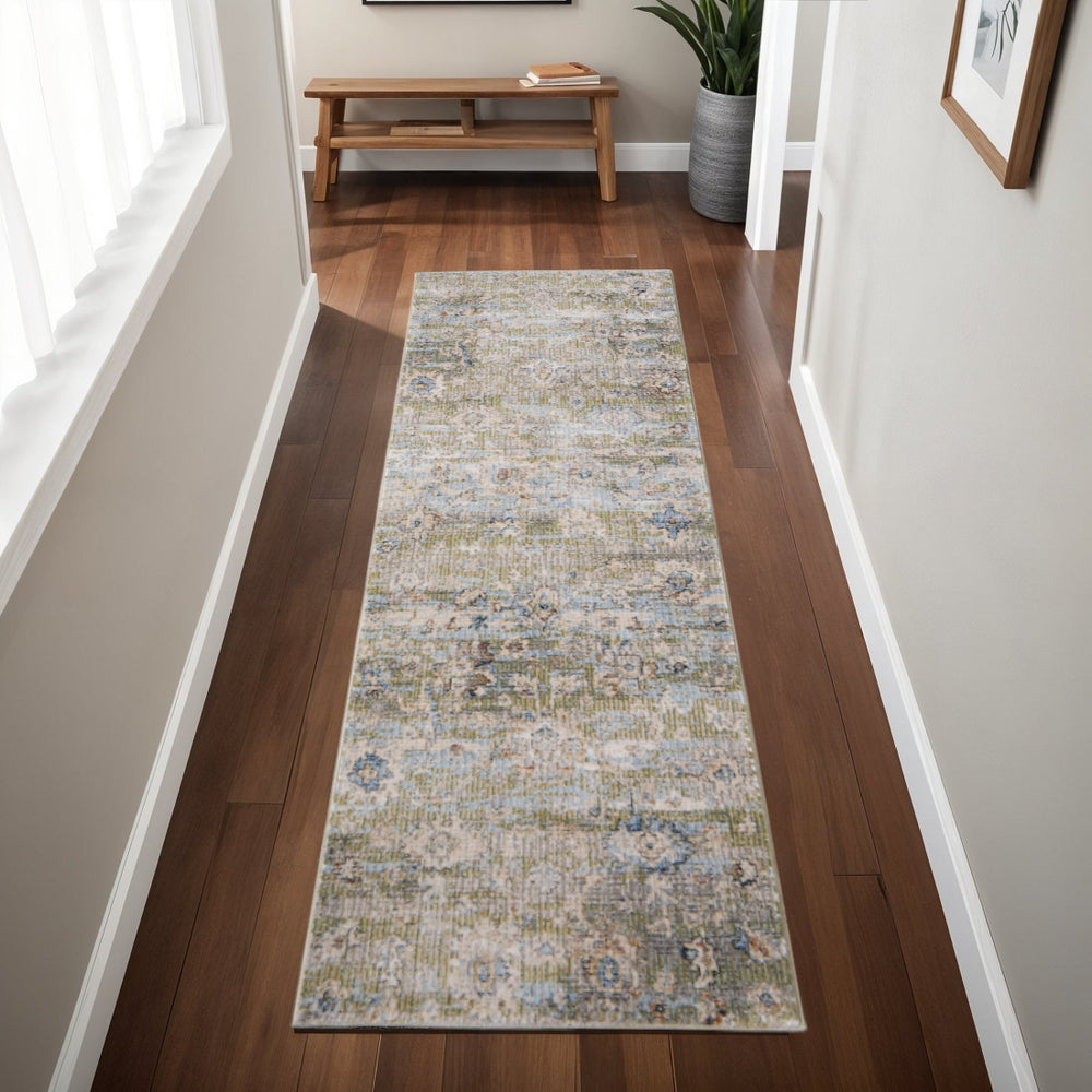 Homeroots 8' Green Floral Runner Rug - Stain Resistant, Durable Polypropylene For Hallways & Home Decor Green,Ivory,Blue Polypropylene Blend 617133