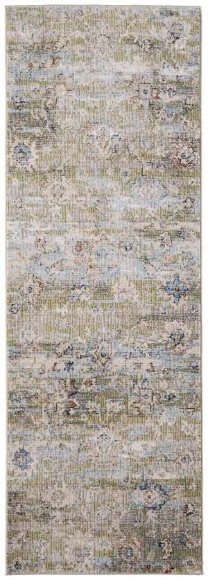 HomeRoots 8' Floral Distressed Runner Rug in Green, Ivory & Blue - Durable, Stain-Resistant for Any Space! 617133