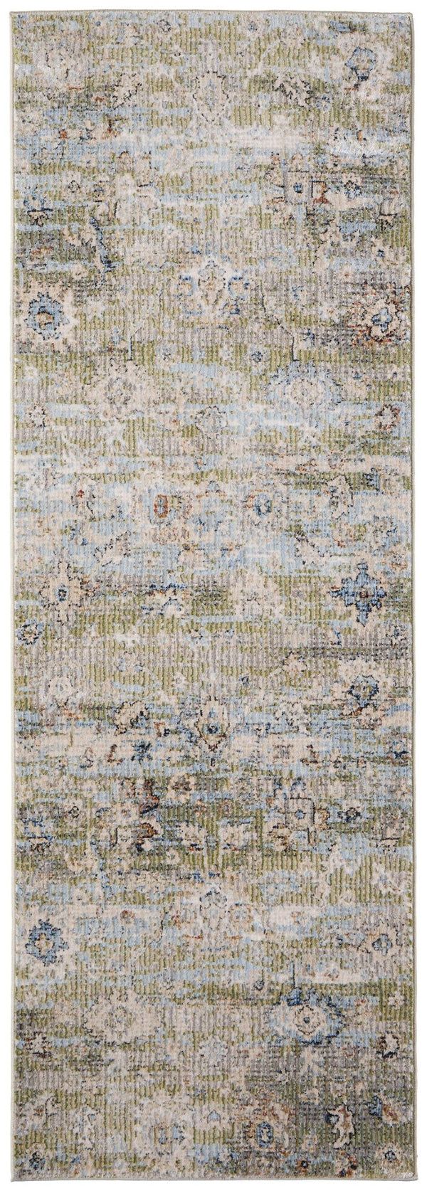 HomeRoots 8' Floral Distressed Runner Rug in Green, Ivory & Blue - Durable, Stain-Resistant for Any Space! 617133