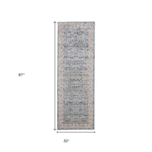 Homeroots 8' Ikat Distressed Runner Rug With Fringe - Stylish, Stain-resistant Design Perfect For Any Space Blue,Taupe,Ivory Polyester Blend 617134