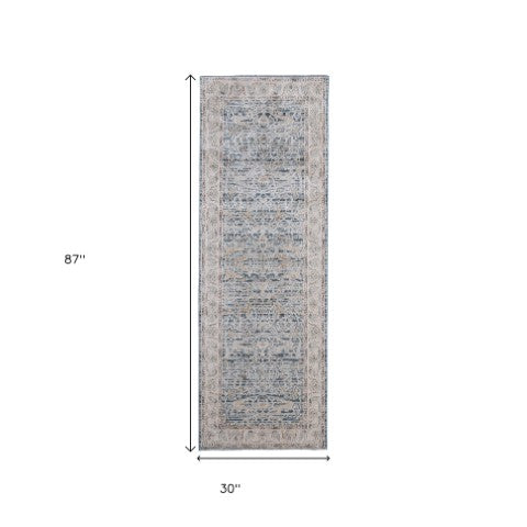 Homeroots 8' Ikat Distressed Runner Rug With Fringe - Stylish, Stain-resistant Design Perfect For Any Space Blue,Taupe,Ivory Polyester Blend 617134