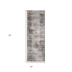 Homeroots 8' Gray Red And Blue Abstract Distressed Runner Rug - Stain Resistant, Durable, And Stylish Accent Piece Gray,Red,Blue Polypropylene Blend 617136