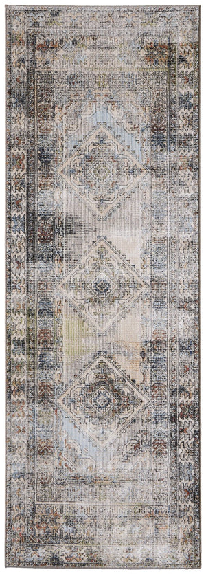 HomeRoots 8' Abstract Distressed Runner Rug in Gray, Red & Blue - Stylish, Stain-Resistant & Durable Design! 617136