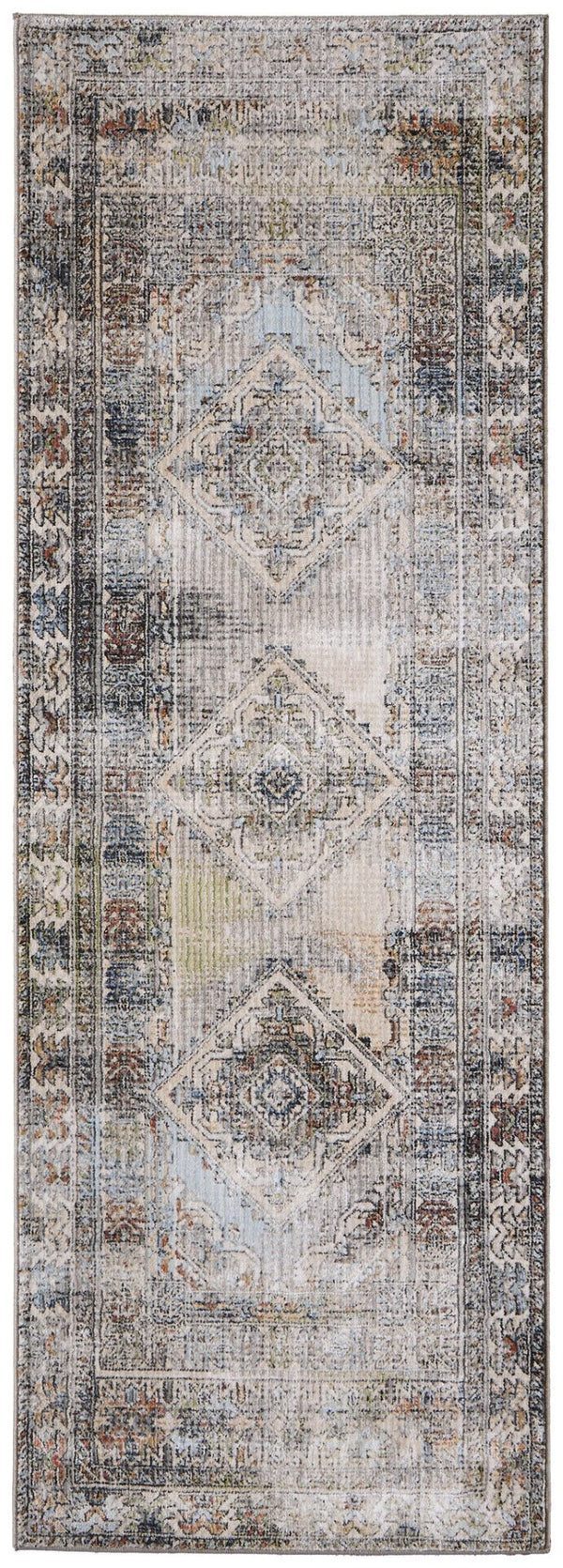 HomeRoots 8' Abstract Distressed Runner Rug in Gray, Red & Blue - Stylish, Stain-Resistant & Durable Design! 617136