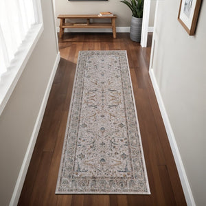 8 Foot Ikat Distressed Runner Rug with Fringe Boho Hallway Accent in Gray Blue