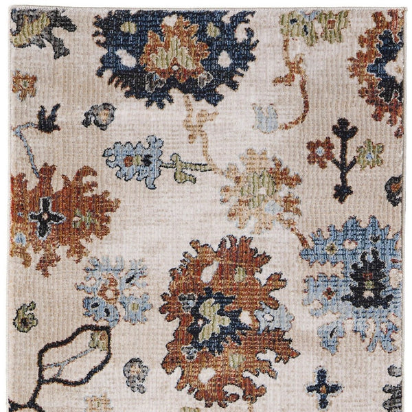 Homeroots 8' Ivory Red And Blue Floral Runner Rug - Stain Resistant, Durable, Bohemian Style For Hallways & More Ivory,Red,Blue Polypropylene Blend 617140