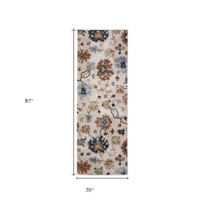Homeroots 8' Ivory Red And Blue Floral Runner Rug - Stain Resistant, Durable, Bohemian Style For Hallways & More Ivory,Red,Blue Polypropylene Blend 617140