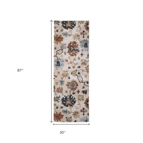 Homeroots 8' Ivory Red And Blue Floral Runner Rug - Stain Resistant, Durable, Bohemian Style For Hallways & More Ivory,Red,Blue Polypropylene Blend 617140