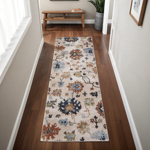 Homeroots 8' Ivory Red And Blue Floral Runner Rug - Stain Resistant, Durable, Bohemian Style For Hallways & More Ivory,Red,Blue Polypropylene Blend 617140