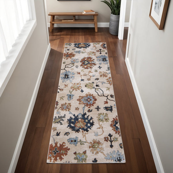 Homeroots 8' Ivory Red And Blue Floral Runner Rug - Stain Resistant, Durable, Bohemian Style For Hallways & More Ivory,Red,Blue Polypropylene Blend 617140