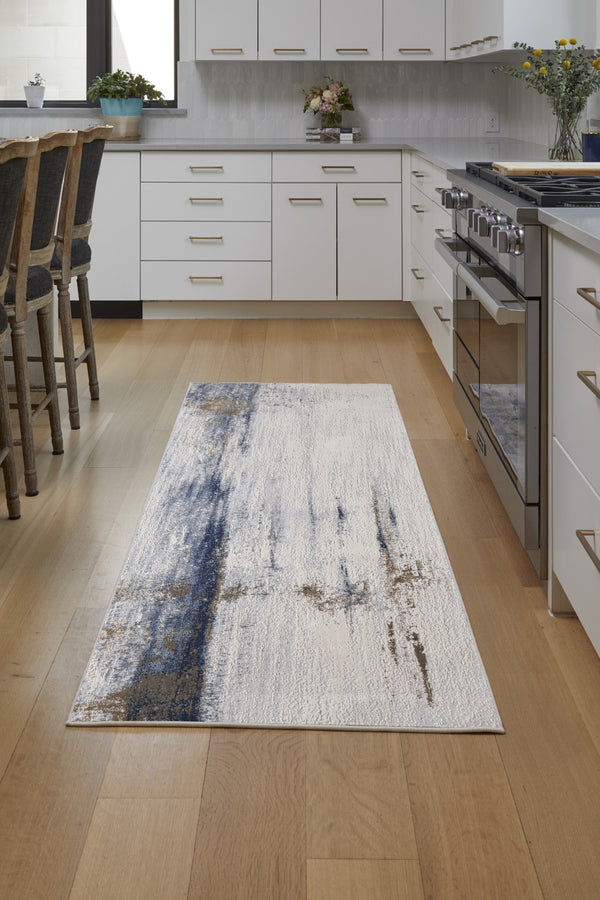 Homeroots 8' Abstract Runner Rug In Ivory, Blue & Brown - Durable, Stain-resistant, Perfect For High Traffic Areas Ivory,Blue,Brown Polypropylene Blend 617141