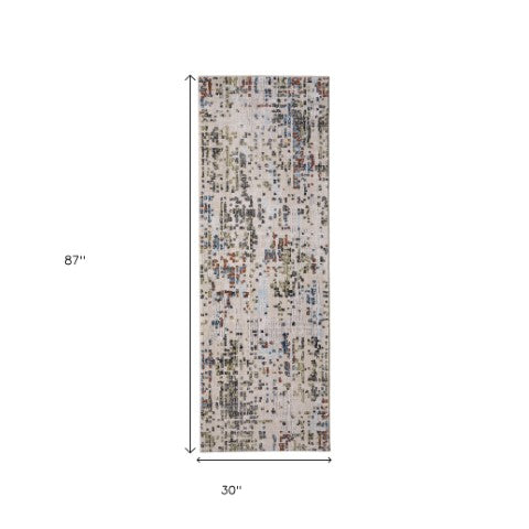 Homeroots 8' Elegant Ivory Green And Blue Abstract Runner Rug - Stain Resistant, Durable, Perfect For High Traffic Areas Ivory,Green,Blue Polypropylene Blend 617143