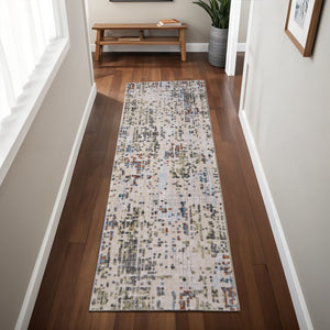 Homeroots 8' Elegant Ivory Green And Blue Abstract Runner Rug - Stain Resistant, Durable, Perfect For High Traffic Areas Ivory,Green,Blue Polypropylene Blend 617143