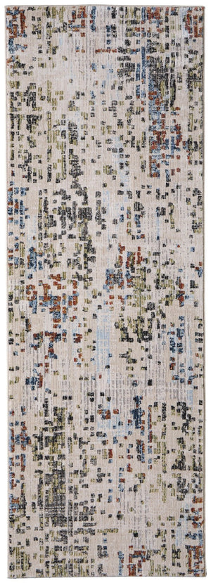 HomeRoots 8' Modern Abstract Ivory, Green, and Blue Runner Rug - Stain-Resistant, Durable, Easy Care for Homes 617143