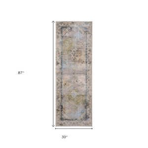 Homeroots 8' Abstract Distressed Runner Rug – Durable, Stain-resistant Design For Hallways And High-traffic Areas Ivory,Green,Blue Polypropylene Blend 617145