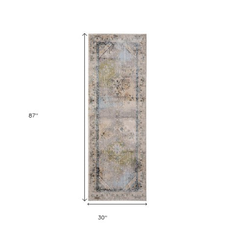 Homeroots 8' Abstract Distressed Runner Rug – Durable, Stain-resistant Design For Hallways And High-traffic Areas Ivory,Green,Blue Polypropylene Blend 617145