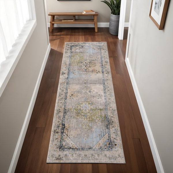 Homeroots 8' Abstract Distressed Runner Rug – Durable, Stain-resistant Design For Hallways And High-traffic Areas Ivory,Green,Blue Polypropylene Blend 617145