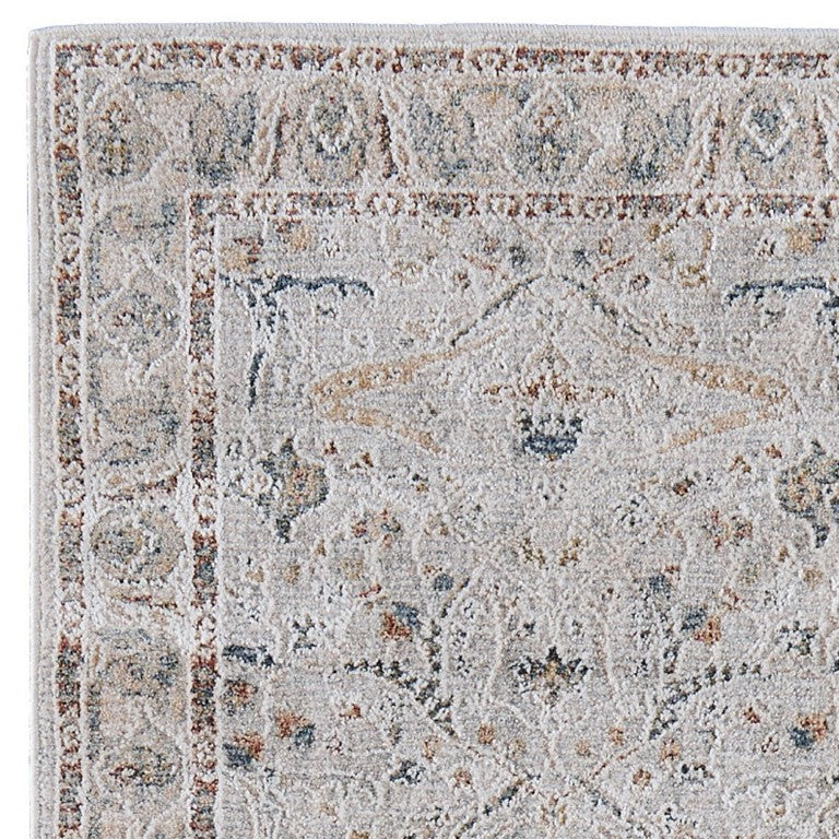 8 Foot Ikat Distressed Runner Rug with Fringe Ivory Taupe Hallway Low Pile