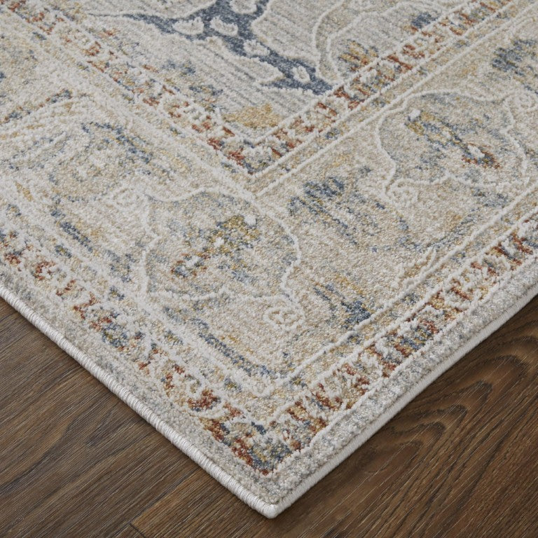 8 Foot Ikat Distressed Runner Rug with Fringe Ivory Taupe Hallway Low Pile