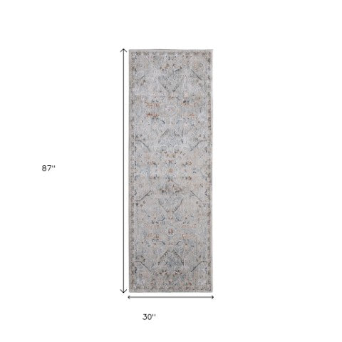 Homeroots 8' Abstract Distressed Runner Rug With Fringe – Stylish, Stain-resistant Accent For Any Space Ivory,Blue,Tan Polyester Blend 617148