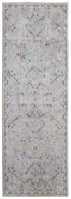 HomeRoots 8' Ivory Blue Tan Abstract Distressed Runner Rug with Stylish Fringe for Hallways & Busy Spaces 617148