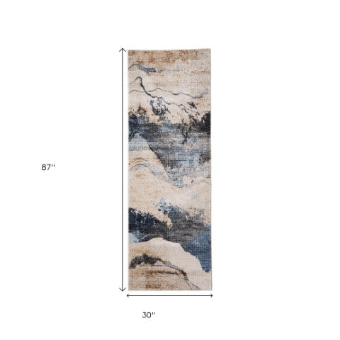 Homeroots 8' Abstract Runner Rug In Tan, Blue & Gray - Stain Resistant, Durable Design For High-traffic Areas Tan,Blue,Gray Polypropylene Blend 617152