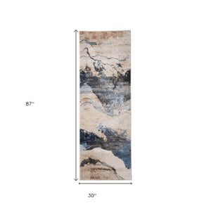 Homeroots 8' Abstract Runner Rug In Tan, Blue & Gray - Stain Resistant, Durable Design For High-traffic Areas Tan,Blue,Gray Polypropylene Blend 617152