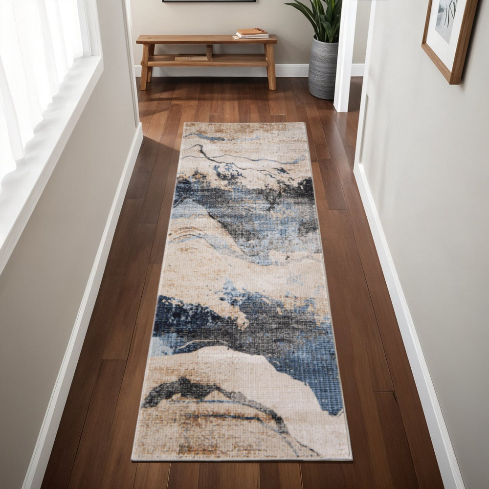 Homeroots 8' Abstract Runner Rug In Tan, Blue & Gray - Stain Resistant, Durable Design For High-traffic Areas Tan,Blue,Gray Polypropylene Blend 617152