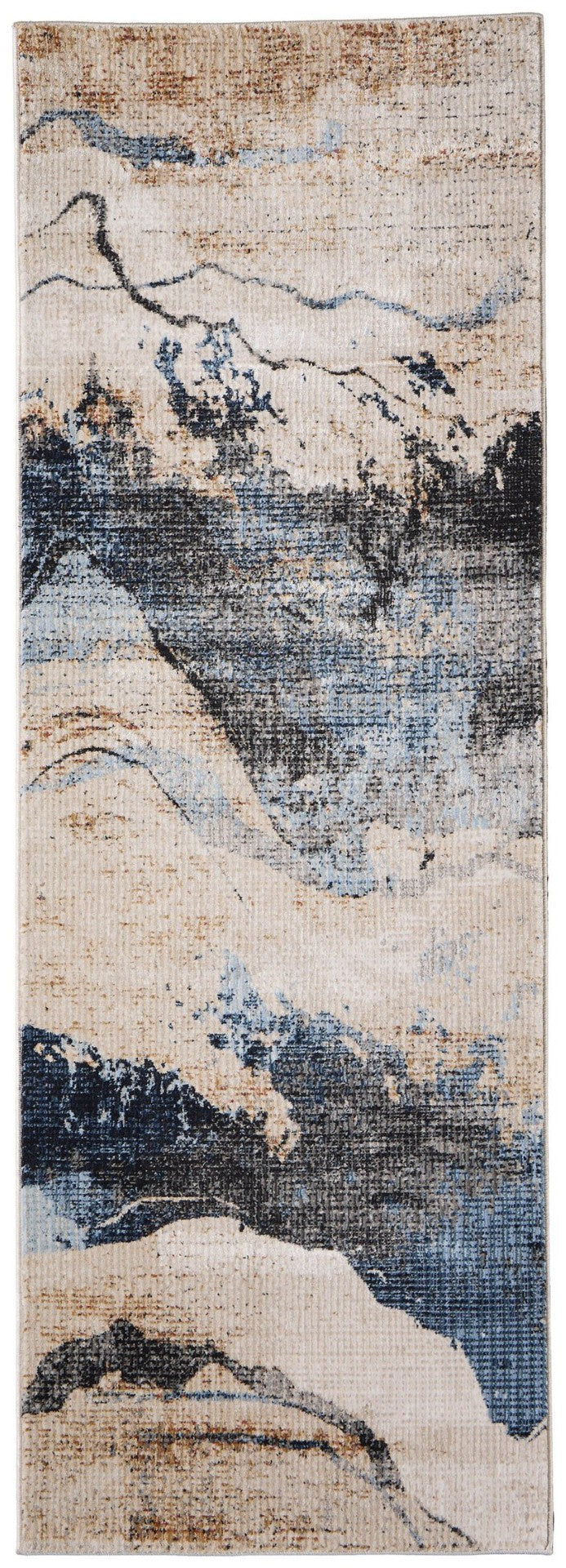 HomeRoots 8' Contemporary Tan Blue and Gray Abstract Runner Rug - Durable, Stain-Resistant for High Traffic Areas 617152
