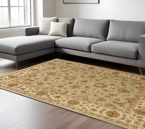 Homeroots 5' Hand-tufted Area Rug - Unique Artisan Design, Stain Resistant, Perfect For Kids & Pets, 5x8 Ft Tan,Brown,Green Wool Blend 617159