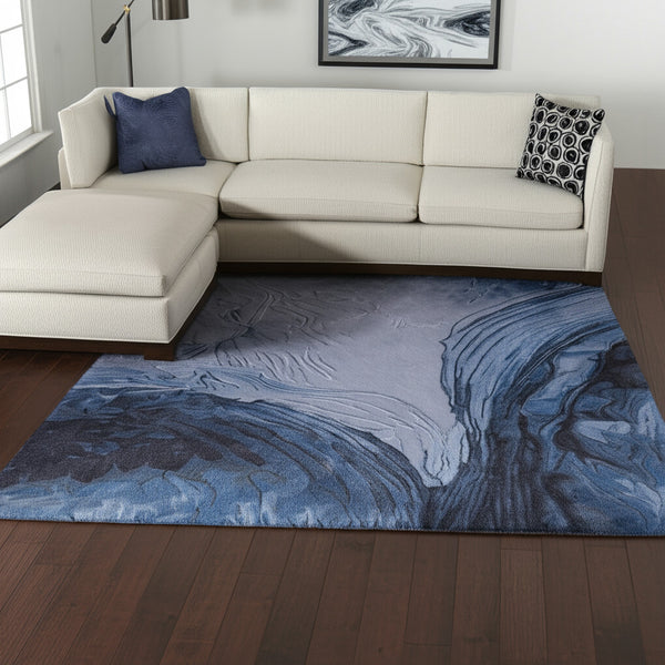 Homeroots 10' Elegant Abstract Hand-tufted Area Rug - Unique Wool Blend Design For Cozy Home Aesthetics Blue,Black,Gray Wool Blend 617161