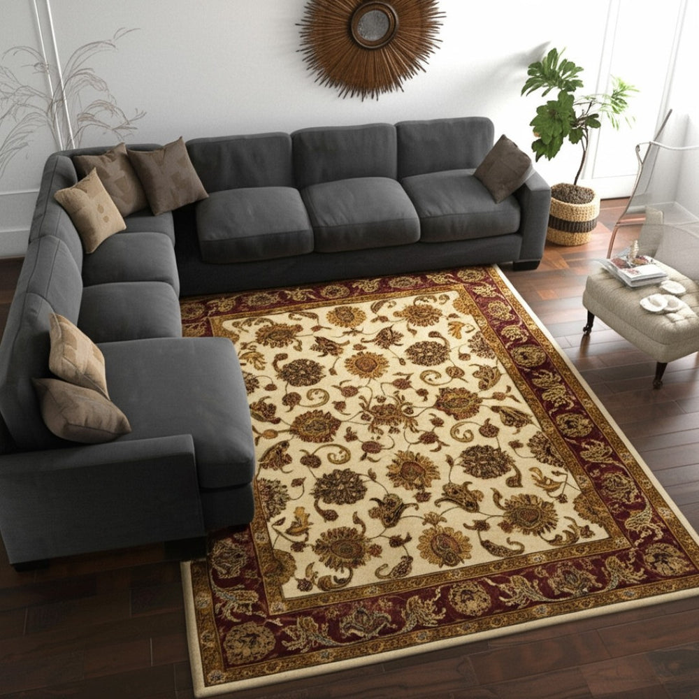 HomeRoots 8' X 10' Hand-Tufted Oriental Area Rug in Tan, Gold, and Red - Elegant, Stain-Resistant Comfort for Homes 617162