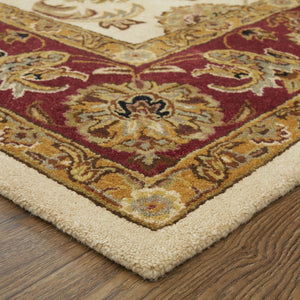 Homeroots 5' Hand-tufted Area Rug In Elegant Oriental Design - Stain Resistant, Unique Artisan Craftsmanship Tan,Gold,Red Wool Blend 617162