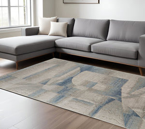 Homeroots 10' X 14' Abstract Area Rug - Luxurious Wool Blend, Stain Resistant, Perfect For Kids & Pets Blue,Ivory,Gray Wool Blend 617166