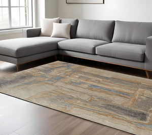 Homeroots 10' X 14' Abstract Distressed Area Rug - Stain Resistant, Premium Wool Blend, Perfect For Family Spaces Tan,Brown,Gray Wool Blend 617167