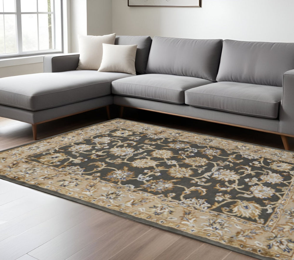 HomeRoots 8' X 10' Handcrafted Taupe Tan & Ivory Floral Area Rug - Elevate Your Space with Timeless Elegance! 617171