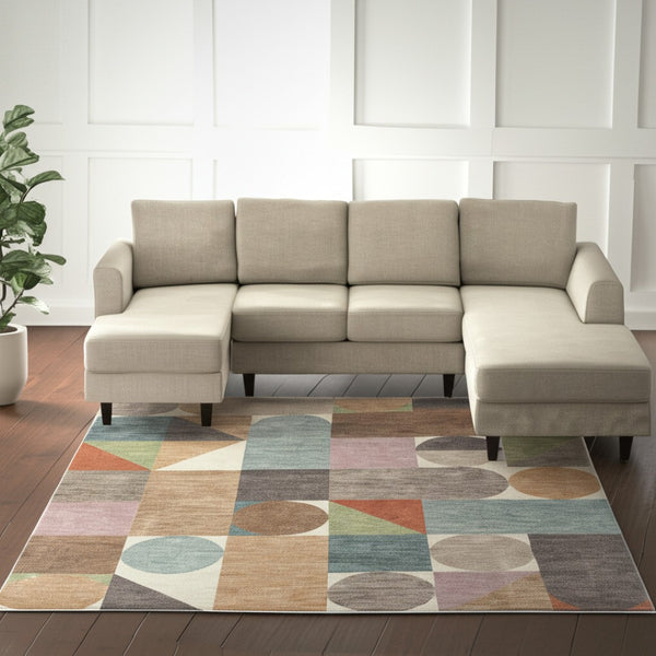 HomeRoots 10' Modern Checkered Area Rug in Ivory, Brown & Blue – Durable, Stain-Resistant Design for Living Spaces 8' X 10' 617173