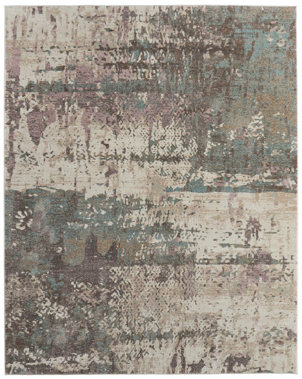 Homeroots 10' X 13' Abstract Distressed Area Rug - Durable, Stain Resistant, Perfect For Homes With Kids & Pets Ivory,Blue,Purple Polypropylene Blend 617182