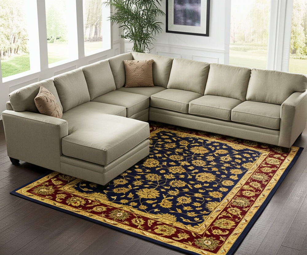 Homeroots 5' Hand Tufted Area Rug – Unique Oriental Design, Stain Resistant, Artisan Crafted For Home Elegance Blue,Red,Gold Wool Blend 617184